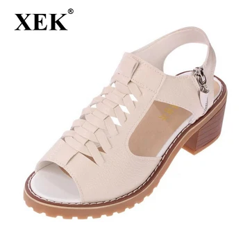 XEK Vintage Elegants Vidū Kvadrātveida Papēdi Sieviešu Sandales Vasaras Stils Peep Toe Krusta Saistīts Sānu Zip Dizaina Kurpes Sieviete WFQ13