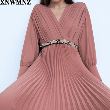 XNWMNZ Za kleita Cietā V Kakla Kleitas Sieviešu Modes Kaklasaiti Jostu Vidukļa Kleita Sievietēm Eleganto Kroku Potītes Garuma Kleitas, Sieviešu Dāmas