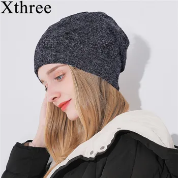 Xthree Jaunu Dubultā slāņa saglabāt siltu ziemas cepuri sievietēm lēti meitene 's cepure adīta cepure Kokvilnas beanies klp jaunu biezas sieviešu klp