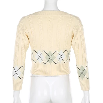Y2K Argyle Novāktajiem Jaka Sieviešu Rudens Cute Gadījuma Trikotāžas Džemperis ar V Kakla Džemperis Vintage Dāmas Streetwear Dzeltens mētelis