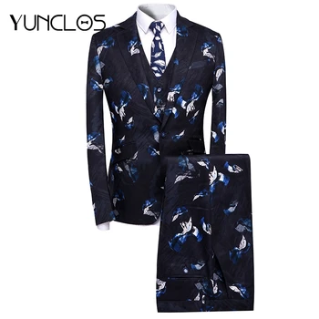 YUNCLOS Ziedu Iespiesti Vīriešu Uzvalku Formālas Biznesa Kāzu Tērps Vīriešiem 3 Gabali Slim Fit Džentlmenis Tērpi Terno Masculino