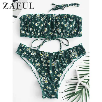 ZAFUL Daisy Drukāt Salāti Mežģīnes-Up Bikini Komplekts Strapless Pie Pleca Lenta Bikini, Peldkostīmi, Sieviešu Sexy peldkostīms 2020