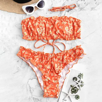 ZAFUL Daisy Drukāt Salāti Mežģīnes-Up Bikini Komplekts Strapless Pie Pleca Lenta Bikini, Peldkostīmi, Sieviešu Sexy peldkostīms 2020