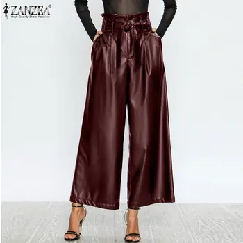 ZANZEA Modes Sieviešu PU Ādas Pavasara Bikses ar Augstu Vidukli, OLA Darbu Plaša Kāju Bikses Cietā Gadījuma Ruffles Streetwear Pantalon