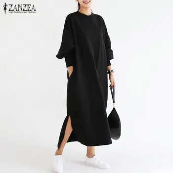ZANZEA Plus Lieluma Sievietēm Svītraina Kleita Ir 2021. garām Piedurknēm Vintage Maxi Garu Kleitu Sievietes Sadalīt Sundress Gadījuma Femme Baggy Drēbes