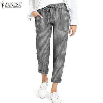 ZANZEA Plus Lieluma Svītrainām Biksēm Modes Sieviešu Bikses Rudens Elastīgs Viduklis Kokvilnas Veļa Pantalon Rāceņu Gadījuma Harēma Palazzo
