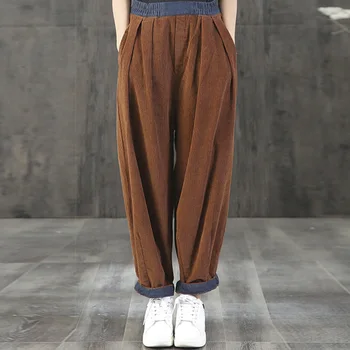 ZANZEA Sieviešu Vintage Velveta Bikses Rudens Harēma Bikses Gadījuma Pacthwork Bikses Vaļīgas, Rāceņu Pantalon Plus Lieluma Bikses Bikšu