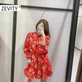 ZEVITY sieviešu modes ziedu drukāt red shirtdress biroja dāmas ar garām piedurknēm tauriņu līnijas vestido šiks zīmols mini kleitas DS4529