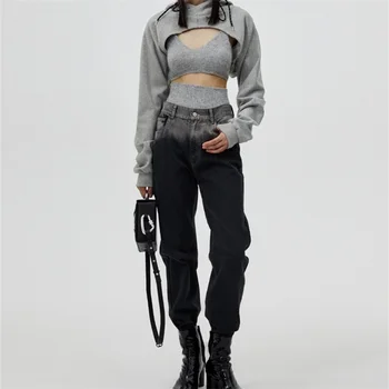 ZXQJ Sieviešu 2020. Gadam, Modes Pusi-garums Ultra-īsu Kapuci Vintage garām Piedurknēm Plus Vilnas Sajūtu Sieviešu Džemperi Šiks Topi