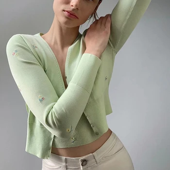 ZXQJ zaļā sieviešu trikotāžas ziedu džemperi 2020. gadam modes dāmas ribas-knited piedurknes pogu džemperis elegants sieviešu trikotāžas šiks meitenes