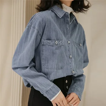 Zaudēt Ar Garām Piedurknēm Gadījuma Džinsa Blūze Sievietēm Korejiešu Stilā Blue Classic Cietā Krekls Streetwear Pavasara Jean Jakas Sieviešu