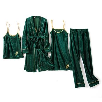 Zaļā Sieviešu 4GAB Pidžamu Uzvalks Drēbes Kleita Sleepwear Rudens Ziemas Mīksta Velūra Naktsveļu Homewear Samta Mājas Apģērbu Miega Komplekts