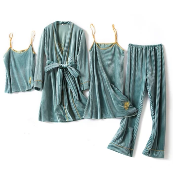 Zaļā Sieviešu 4GAB Pidžamu Uzvalks Drēbes Kleita Sleepwear Rudens Ziemas Mīksta Velūra Naktsveļu Homewear Samta Mājas Apģērbu Miega Komplekts