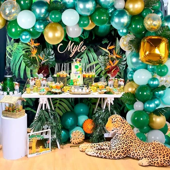 Zaļā Zelta, Sudraba Balonu Aprites Uzstādīt Savvaļas Vienu Dzimšanas Dienas Ballīti Dekors Bērniem, Džungļu Safari Puse Baloon Ak Baby Dušas Ballon Vainags