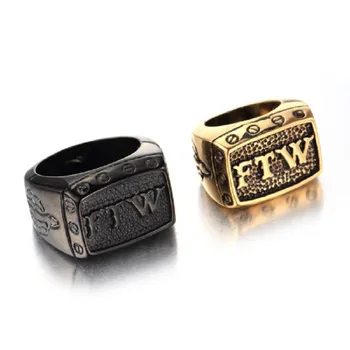 Zelta un melna Nerūsējošā tērauda gredzens, punk valdonīgs titāna tērauda gredzens FTW vēstules