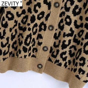 Zevity Ir 2021. Sieviešu Vintage V Kakla Leopards Drukāt Jaka Adīšanas Džemperis Sievietes, Elegants Ar Garām Piedurknēm Vienu Krūtīm Slim Topi S616