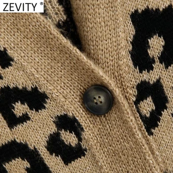 Zevity Ir 2021. Sieviešu Vintage V Kakla Leopards Drukāt Jaka Adīšanas Džemperis Sievietes, Elegants Ar Garām Piedurknēm Vienu Krūtīm Slim Topi S616