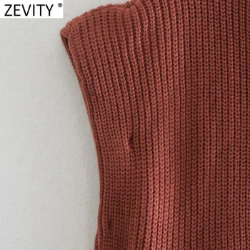 Zevity Jaunā Sieviešu High Street Polsterēta Plecu Dizaina Cietā Īss Adīšanas Džemperis Femme Šiks Sleeveles Gadījuma Džemperi, Topi S533