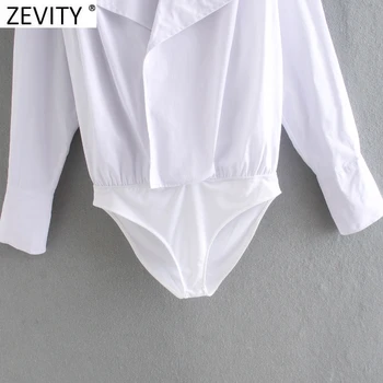 Zevity Sieviešu Modes Savukārt Apkakle Gadījuma Zaudēt Balts Bodysuits Biroja Dāma ar garām Piedurknēm Raibs Siāmas Šiks Kombinezonus LS7381
