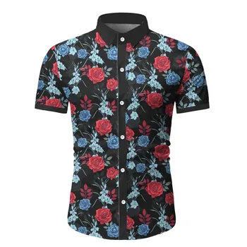 Ziedu Krekli Vīriešiem Vasarā Vintage Īsām Piedurknēm Havaju Salu Pludmales Krekls Modes Rožu Drukāt Vīriešu Puses Brīvdienu Chemise Streetwear