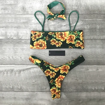 Ziedu drukāt Augstas samazināt Sandales bikini 2020. gadam sieviešu Lenta peldkostīmu Sieviešu Peldkostīmi divi gabali bikini komplekts Sexy Bather peldkostīms
