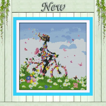 Ziedu pasaku velosipēds,Skaitot Drukāts uz audekla 11CT DMC 14CT krustdūrienu Izšūšanas komplektu,rokdarbi Kopums,sieviete ar divriteni dārzs