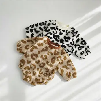 Ziemas Baby Romper Komplekts Leoparda Jaundzimušo Bērnu Jumpsuit Ar Cepuri Bieza Vilnas Zēni Playsuit Un Bikses Toddler Apģērbu Komplekts (Dungriņi)