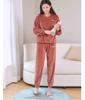Ziemas Coral Fleece Pidžamas Komplekts Sieviešu Flaneļa Pidžamas Sleepwear Biezu Siltu Koraļļu Samta Homewear Sieviešu Naktskrekls Uzvalks Pidžamas