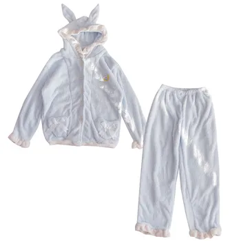Ziemas Gudrs Trušu Ausis Pidžamas Komplekts Sievietēm Lolita Kawaii Sleepwear Pusaudžu Meiteņu Vilnas Siltu Māju Flaneļa Audums Rozā 2 Gabals Pidžamas