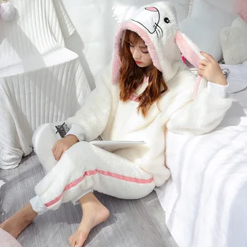 Ziemas Sieviešu Pidžamas Komplekti Sleepwear Long Piedurknēm Siltu Pidžamu Mīksto Miega Kostīmi Pidžamas Cute Dzīvnieku Homewear ziemassvētku Hoodies