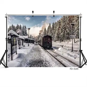 Ziemas Sniega Dzelzceļa Stacijas Vilciens Skatīt Photocall Fona Vinila Baby Bērnu Foto Foto Studijas Aksesuārus Dekorācijas Fonu