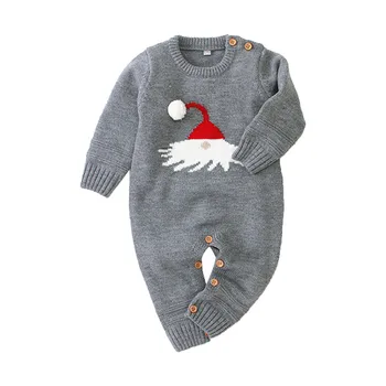 Ziemassvētki Trikotāžas Romper Par Jaundzimušais Zēns, Meitene Santa Hat Garām Piedurknēm Pogas Jumpsuit Ziemas Rudenī Gudrs Tērpu Apģērbs