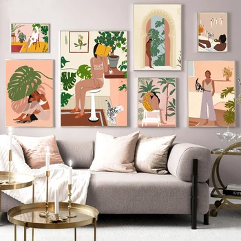 Ziemeļvalstu plakātu abstraktas modes retro meitene ilustrācija sienas, mākslas eļļas glezniecības un drukas dzīvojamā istaba mājas sienu apdare drawi