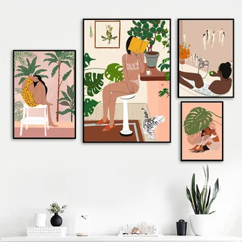 Ziemeļvalstu plakātu abstraktas modes retro meitene ilustrācija sienas, mākslas eļļas glezniecības un drukas dzīvojamā istaba mājas sienu apdare drawi