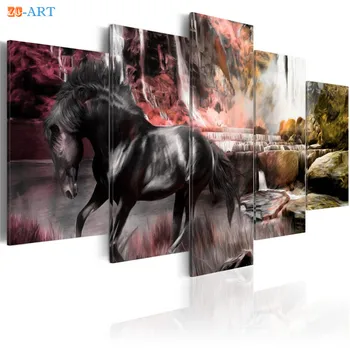 Zirgu Izdrukas Waterfull Plakātu, Audekls Mākslas, 5 gab Dabas Dzīvnieku Sienas Gleznojums, Moduļu Attēlus Guļamistabai Mājas Dekoru