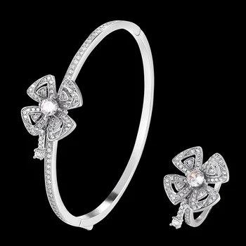 Zlxgirl Luksusa zīmolu bruģēt kubikmetru zircon zieda forma rokassprādze ar gredzenu, kāzu rotaslietas komplekti sodu sieviešu puse dāvanas