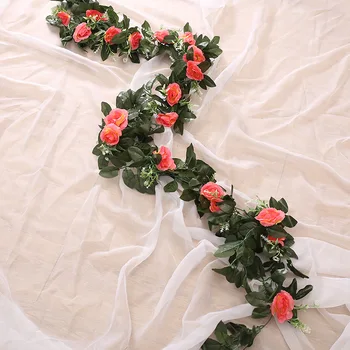 Zīda Mākslīgo Rožu Vīnogulāju Karājas Ziedi Sienas Ziemassvētku Rotangpalmas Viltus Augu Lapu Vainags Romantisku Kāzu Mājas Apdare