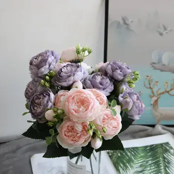 Zīda Peoniju pušķis mājas dekorēšanas aksesuāri, kāzu svinības albums viltus augi diy bumbuļi mākslīgās rozes ziedi
