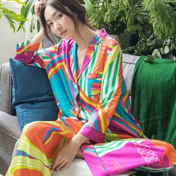 Zīda Pidžamas Sieviešu Pavasara Korejas Modes Sleepwear Plus Size Jaciņa Ar Garām Piedurknēm Garās Bikses, Uzvalks Sexy Satīna Pidžamas