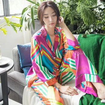 Zīda Pidžamas Sieviešu Pavasara Korejas Modes Sleepwear Plus Size Jaciņa Ar Garām Piedurknēm Garās Bikses, Uzvalks Sexy Satīna Pidžamas