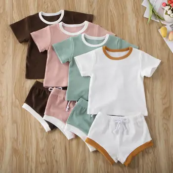Zīdaiņiem un Bērniem, Bērnu Meitene Zēns Vasaras Apģērbu Komplekti Īsām Piedurknēm Topi, T-krekls+Šorti Bikses Salātu Cietā Tērpiem 0-3 Gadi