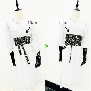 Āzijas Japāņu Kimono Modes Pušķis Obi Kleita Sievietēm Celtņa Jostas Tradicionālo Etnisko Black V veida Kakla Kleita Uzstādīt Yukata Streetwear