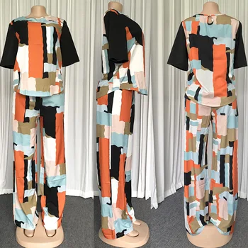 Ģeometrija Drukāt Divas Gabals, Kas Sieviešu Tērpiem Āfrikas Ikdienas Apģērbu Ar Īsām Piedurknēm Top&Plaša Kāju Bikses Kopa Tracksuit Streetwear 2020