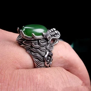 Īsta zaļā nefrīta gredzenu vilka galvu resizable hetian jade gredzens 925 sterling silver vīriešu gredzeniem, gredzenu zīmols, rotaslietas