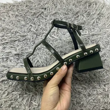 Īstas ādas Sieviešu sandales 4cm med Papēža T-siksna kniedes Vasaras Kurpes, Sieviete melnā, zaļā Gadījuma Kurpes Izmērs 34-42