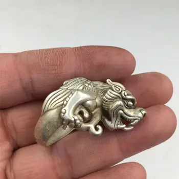 Ķīna VECO, antīko 23mm Tibetas sudraba roku darbs 3D pūķis Unicorn Kylin gredzens