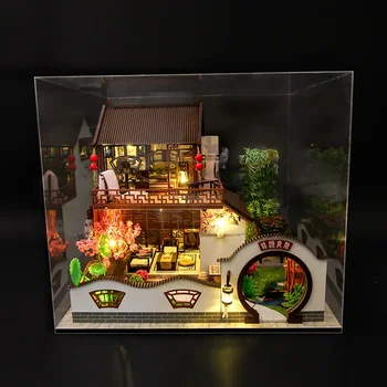 Ķīnas Arhitektūra DIY Koka Dollhouses ar Bambusa Laternas Saliktas Miniatūru Mēbeles Leļļu Nams Rotaļlietas Pieaugušo Dāvanu