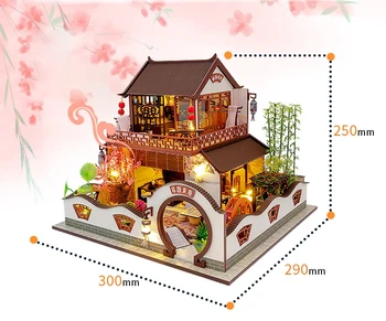Ķīnas Arhitektūra DIY Koka Dollhouses ar Bambusa Laternas Saliktas Miniatūru Mēbeles Leļļu Nams Rotaļlietas Pieaugušo Dāvanu