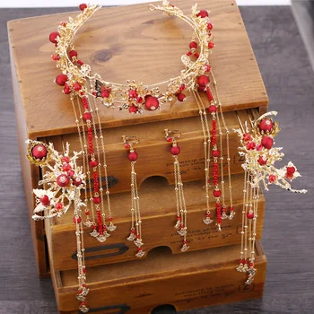 Ķīnas Phoenix krelles matadatas auskari vainagu coronet komplekti līgavas matu rotājumi bijoux kāzu matu aksesuāri