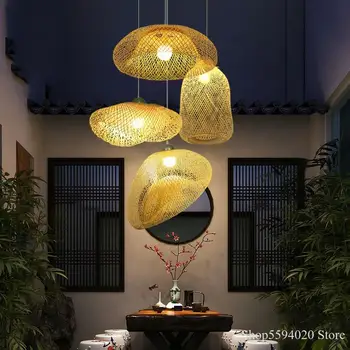 Ķīnas Radošo Bambusa Lustra Restorāna Apgaismojuma Japāņu Zen Salmu Cepure Hanglamp Māja Dekoratīvo Putnu E27 Led Apgaismojums